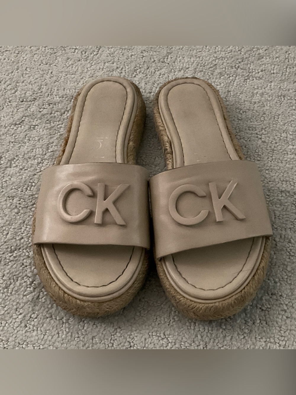 Calvin Klein Beige Taupe Logo Espadrille Slides